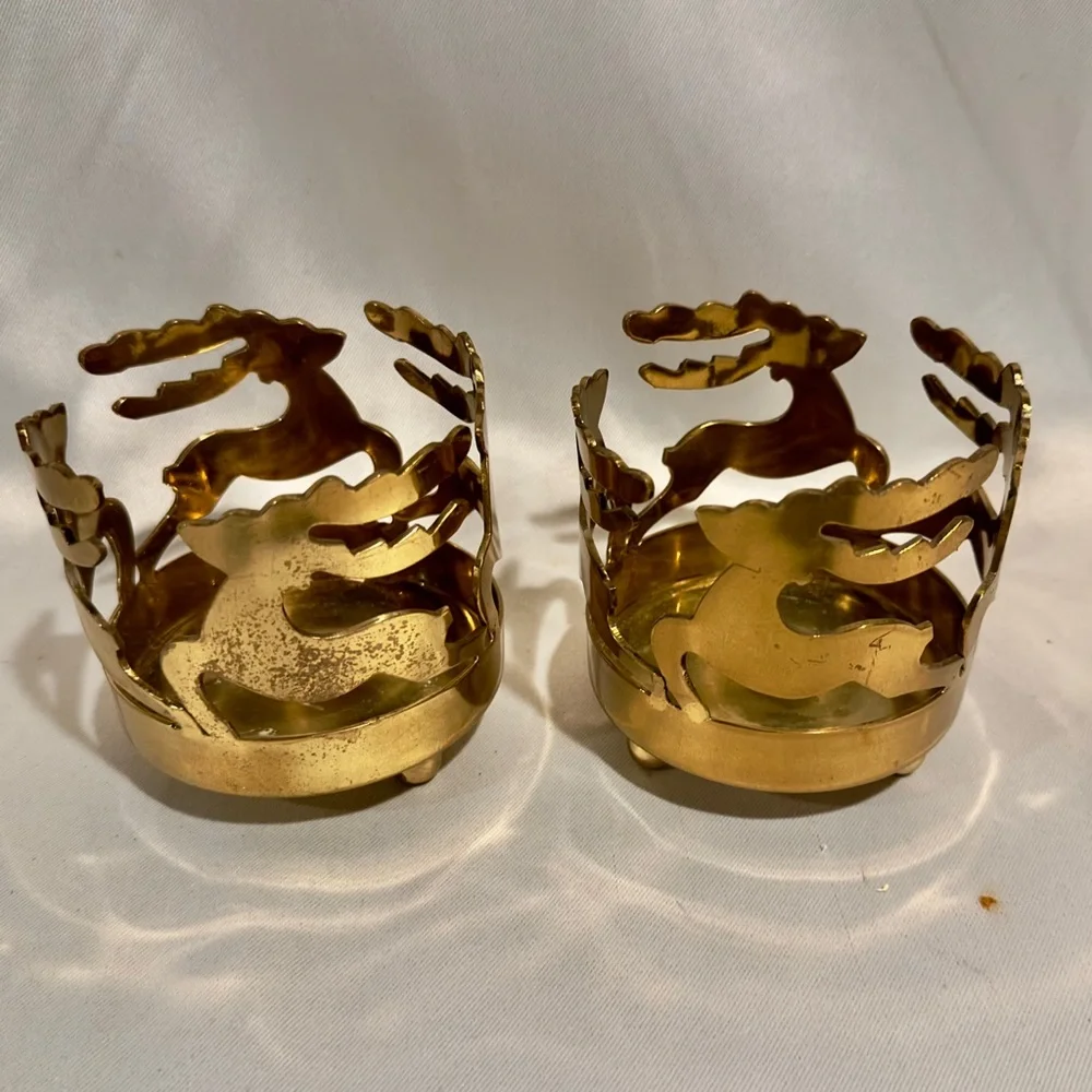 Vintage Brass Reindeer Candle Holders Christmas Winter A Pair